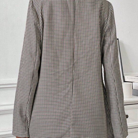 Coffee Brown Casual Women's Turndown Collar Long Sleeve & Versatile Plaid Blazer - Picture 2 of 6